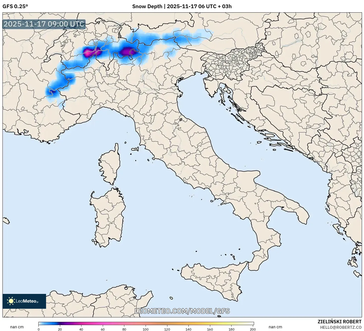 GFS model - Italy, Snow Depth