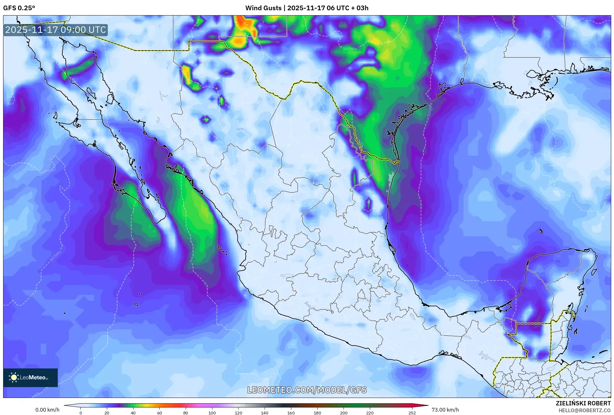 GFS model - Mexico, Wind Gusts