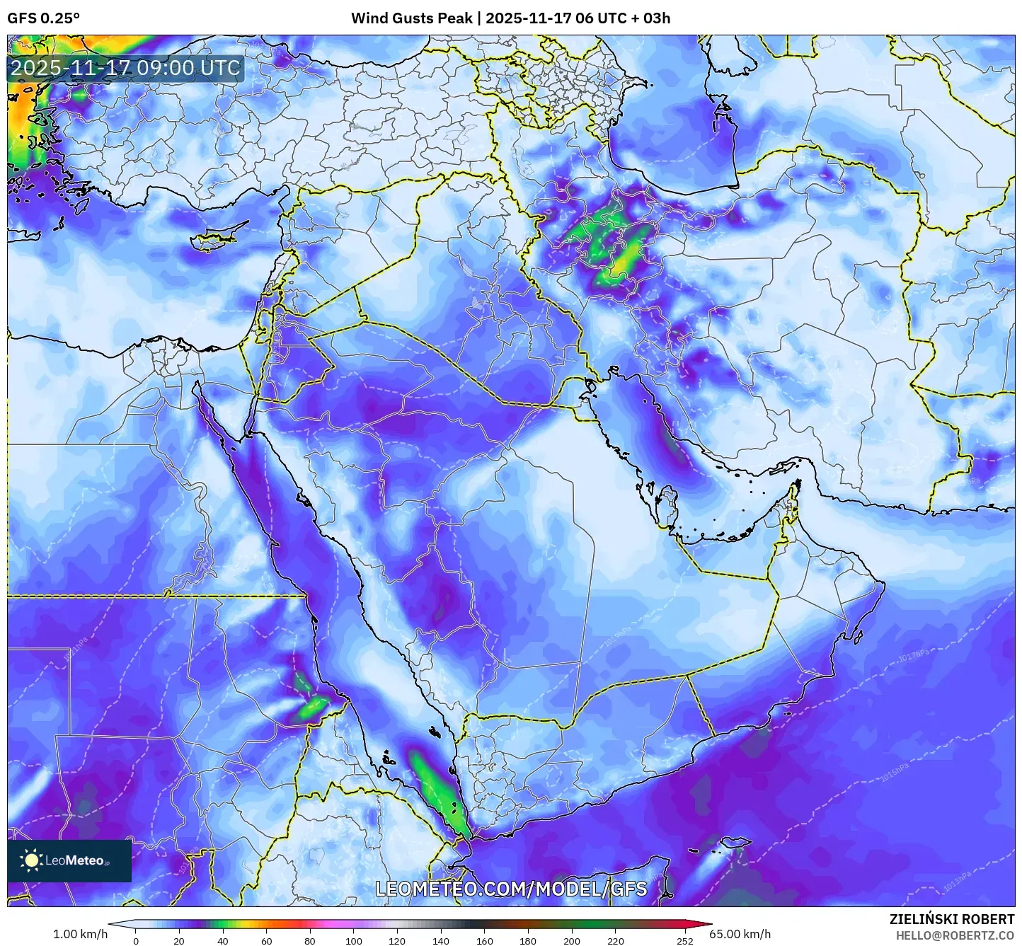 GFS model - Middle East, Wind Gusts Peak