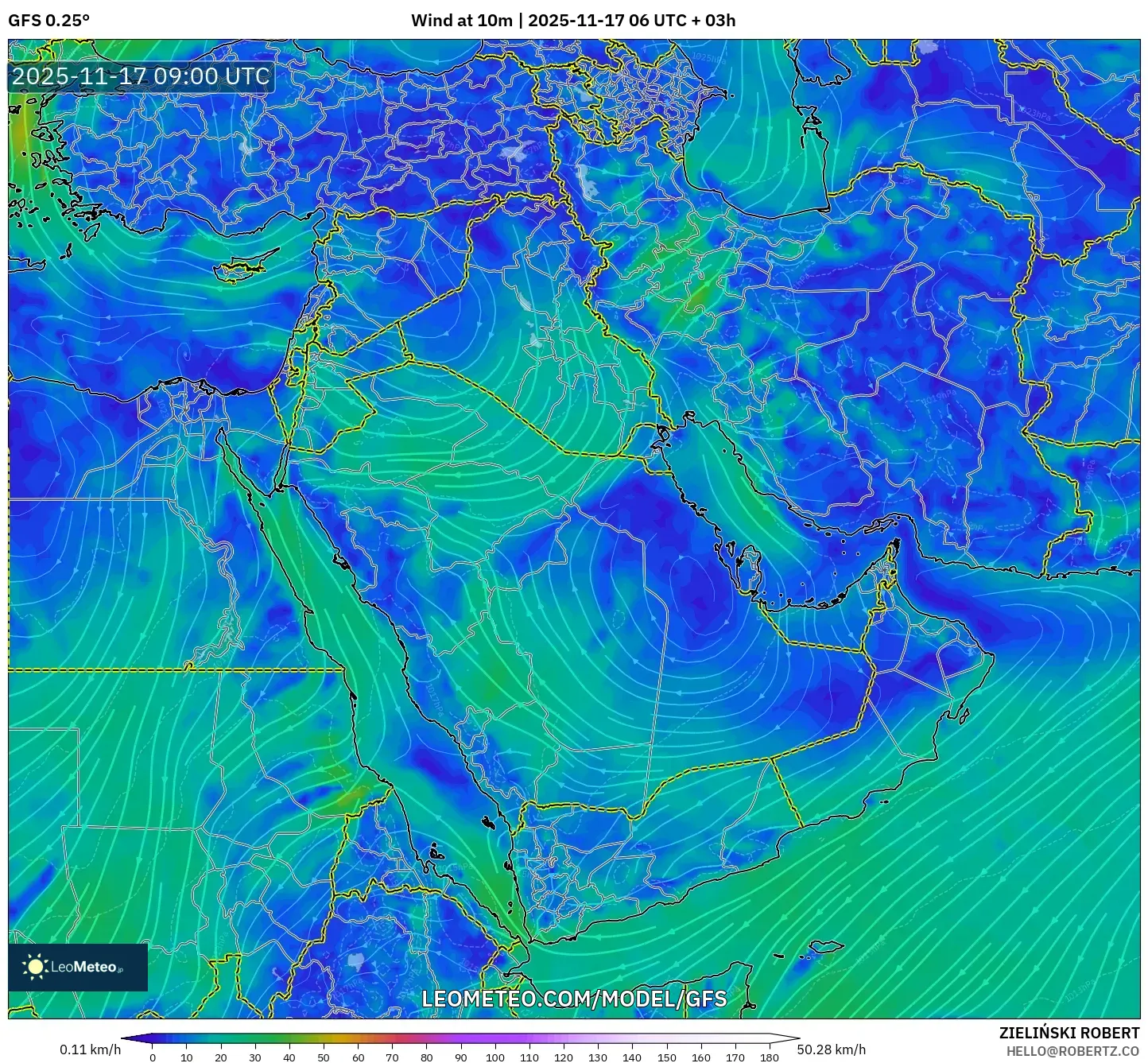 GFS model - Middle East, Wind at 10m