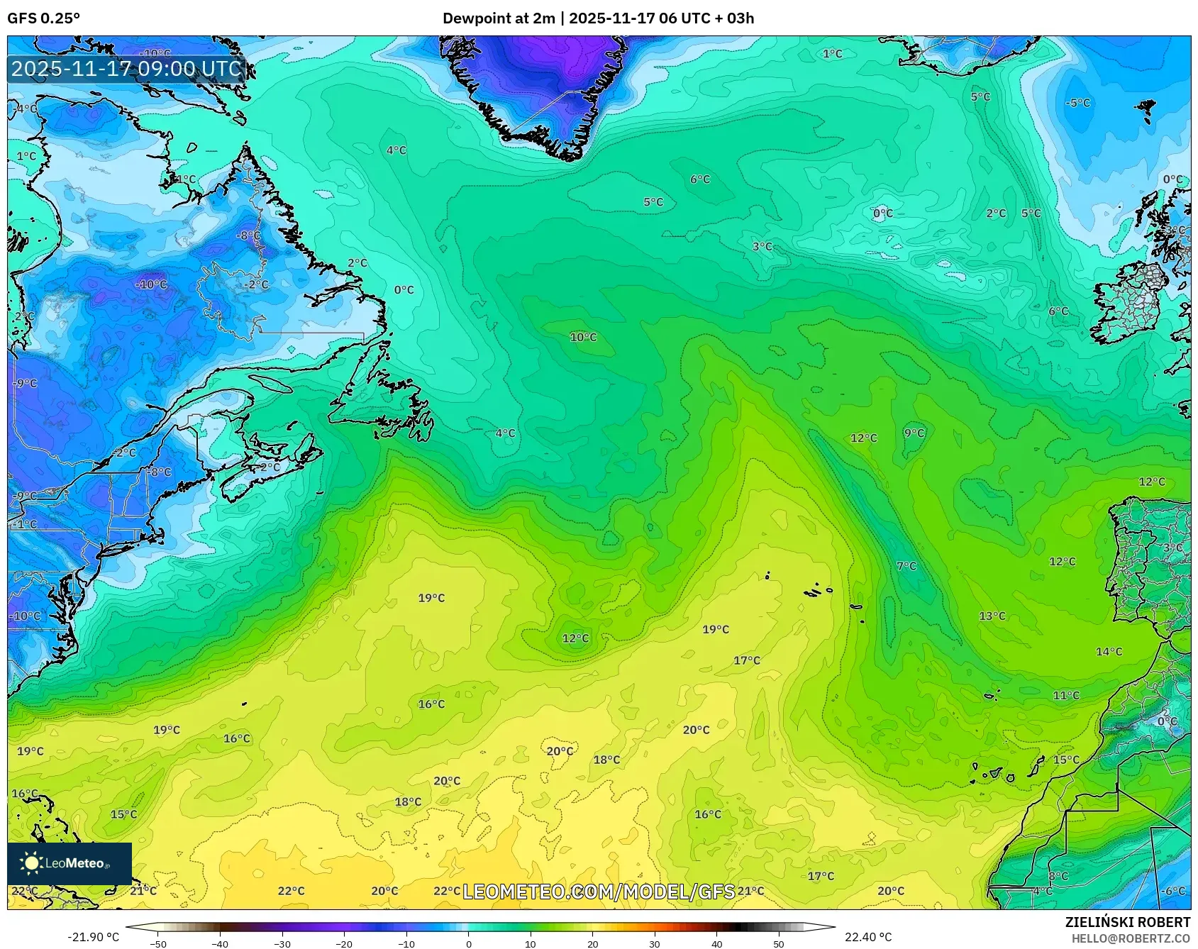GFS model - North Atlantic, Dewpoint at 2m