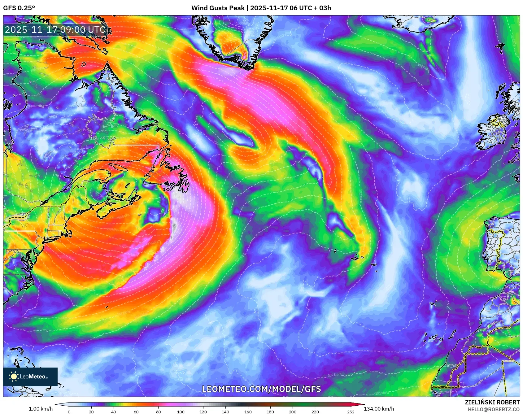 GFS model - North Atlantic, Wind Gusts Peak