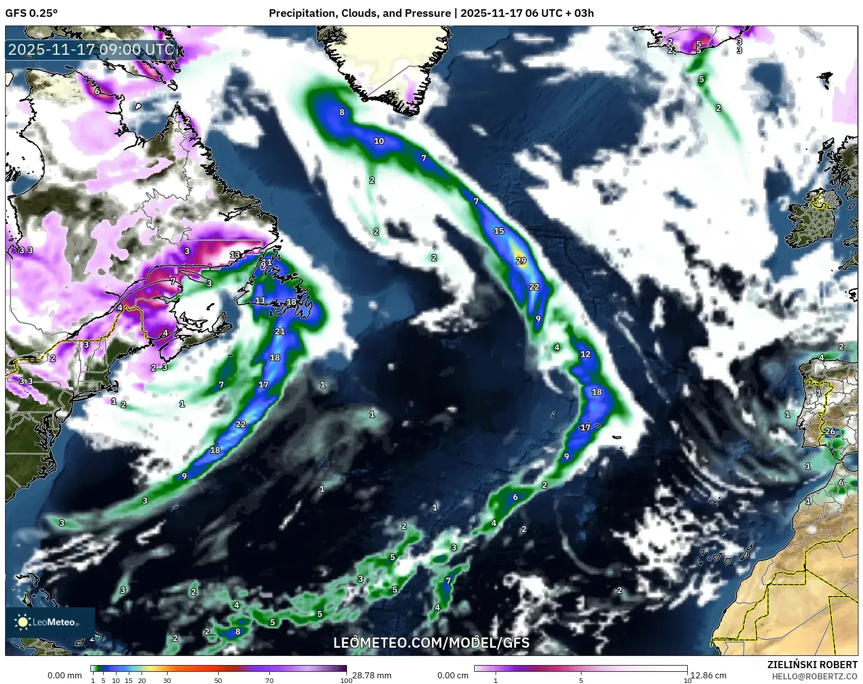 GFS model - North Atlantic, Precipitation, Clouds, and Pressure
