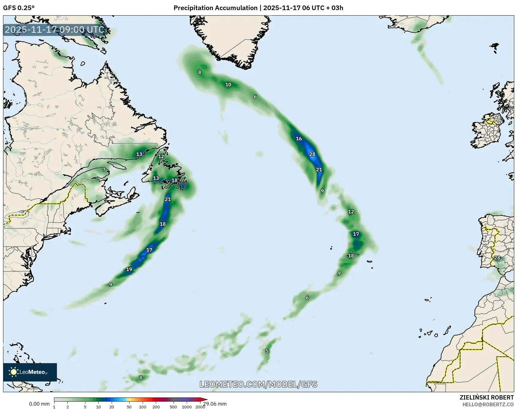 GFS model - North Atlantic, Precipitation Accumulation
