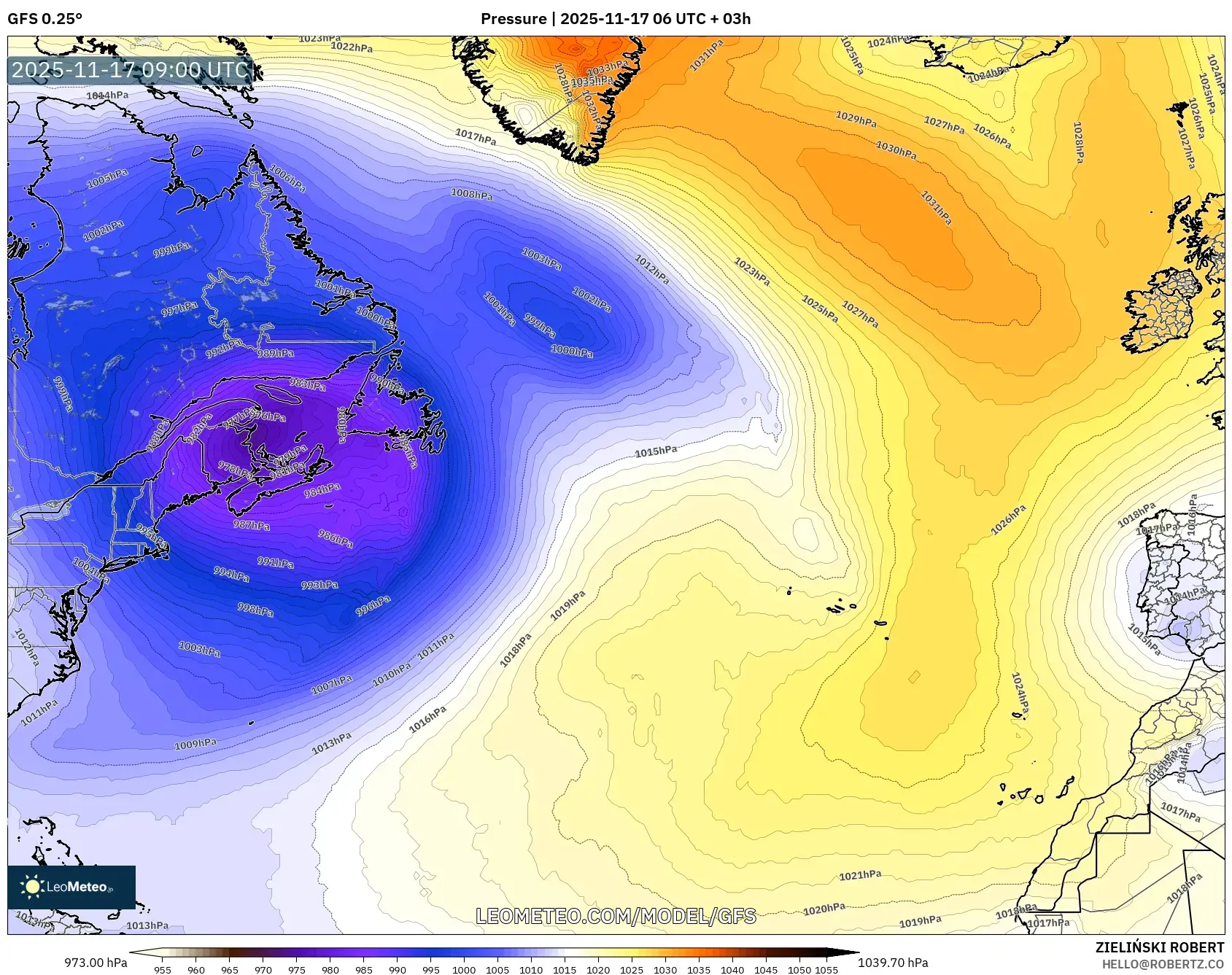 GFS model - North Atlantic, Pressure