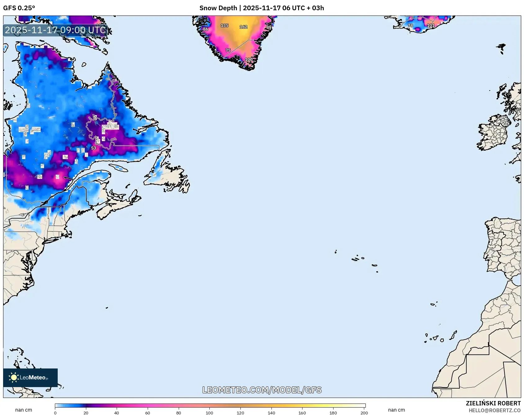 GFS model - North Atlantic, Snow Depth