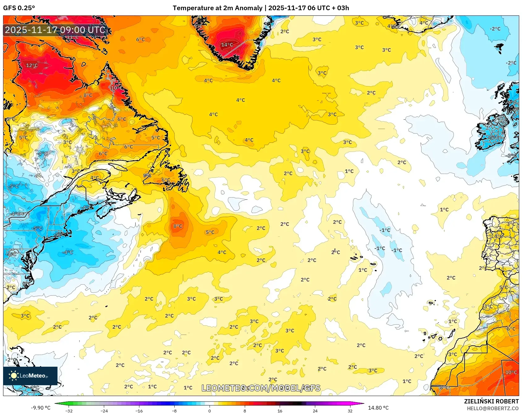 GFS model - North Atlantic, Temperature at 2m Anomaly