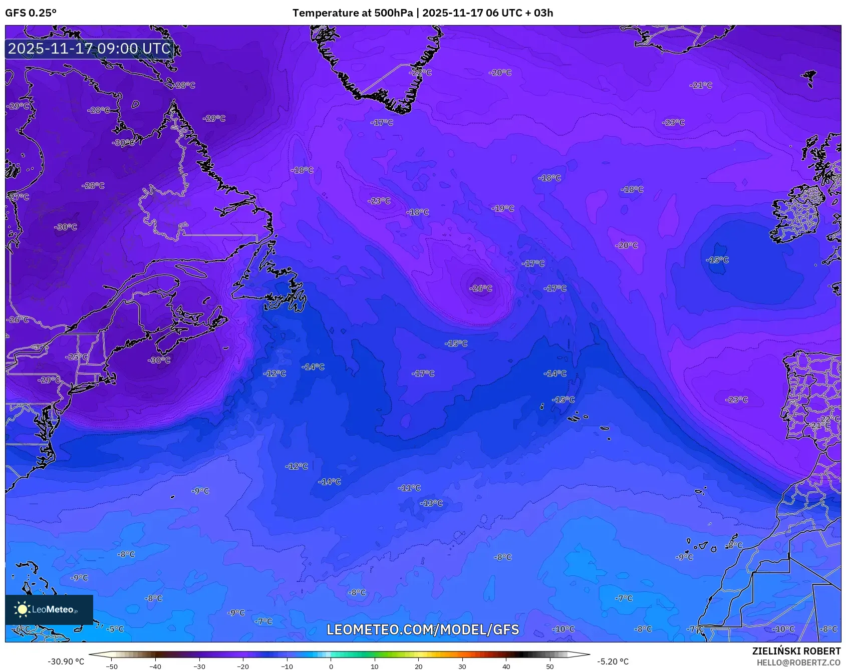 GFS model - North Atlantic, Temperature at 500hPa