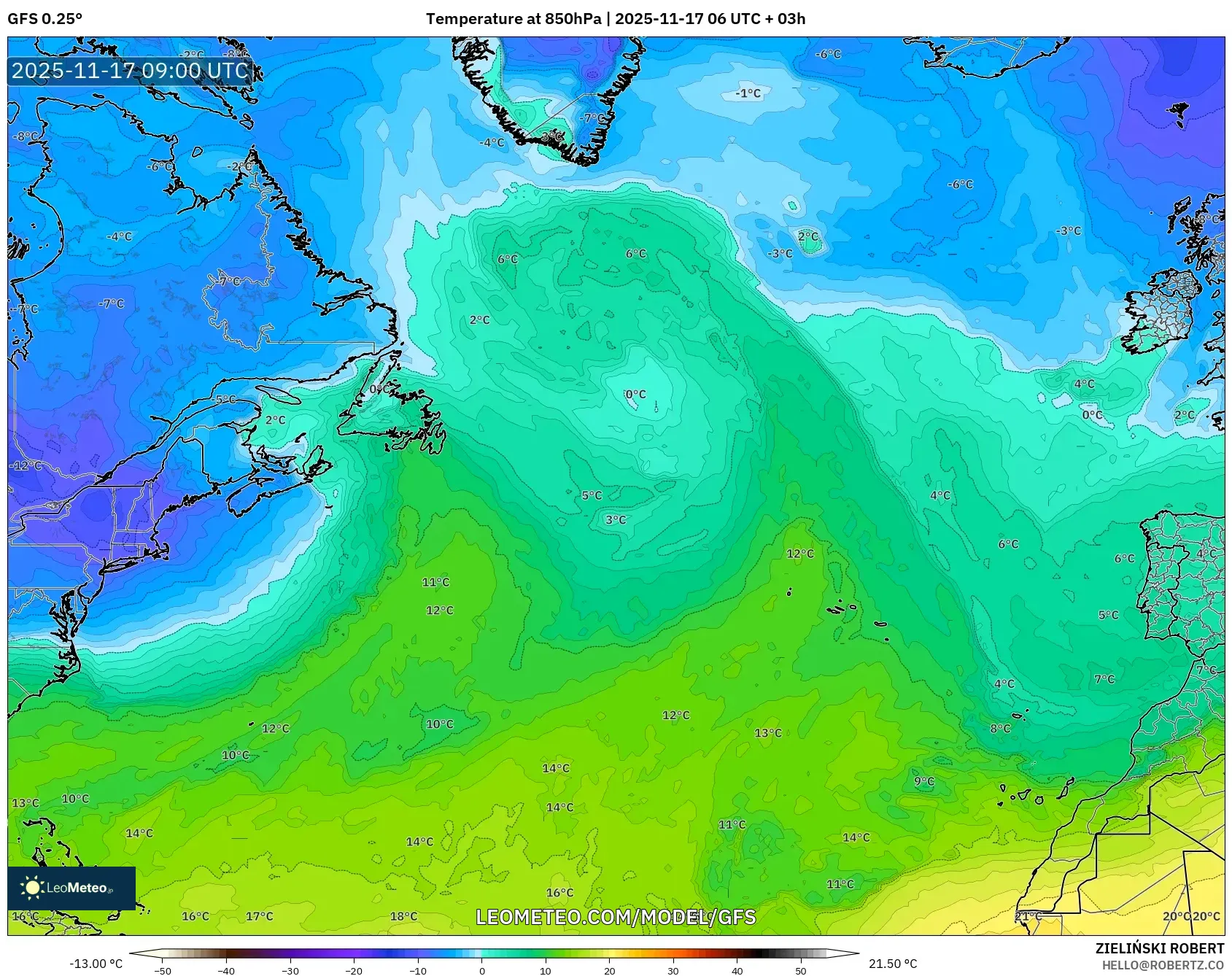 GFS model - North Atlantic, Temperature at 850hPa