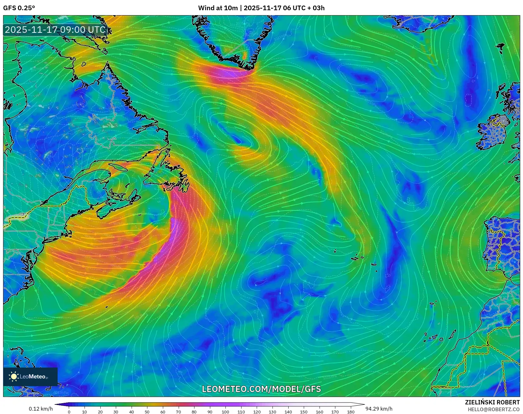 GFS model - North Atlantic, Wind at 10m