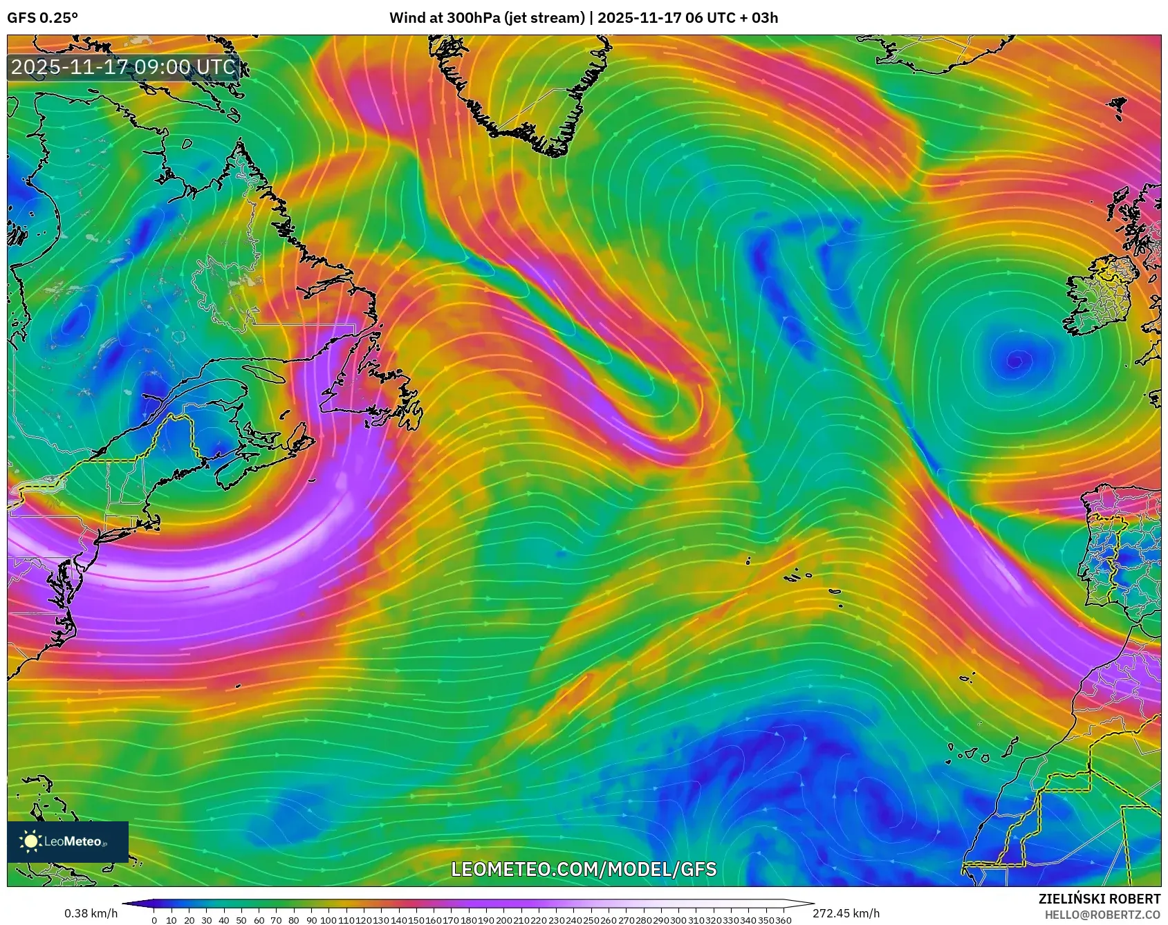 GFS model - North Atlantic, Wind at 300hPa (jet stream)