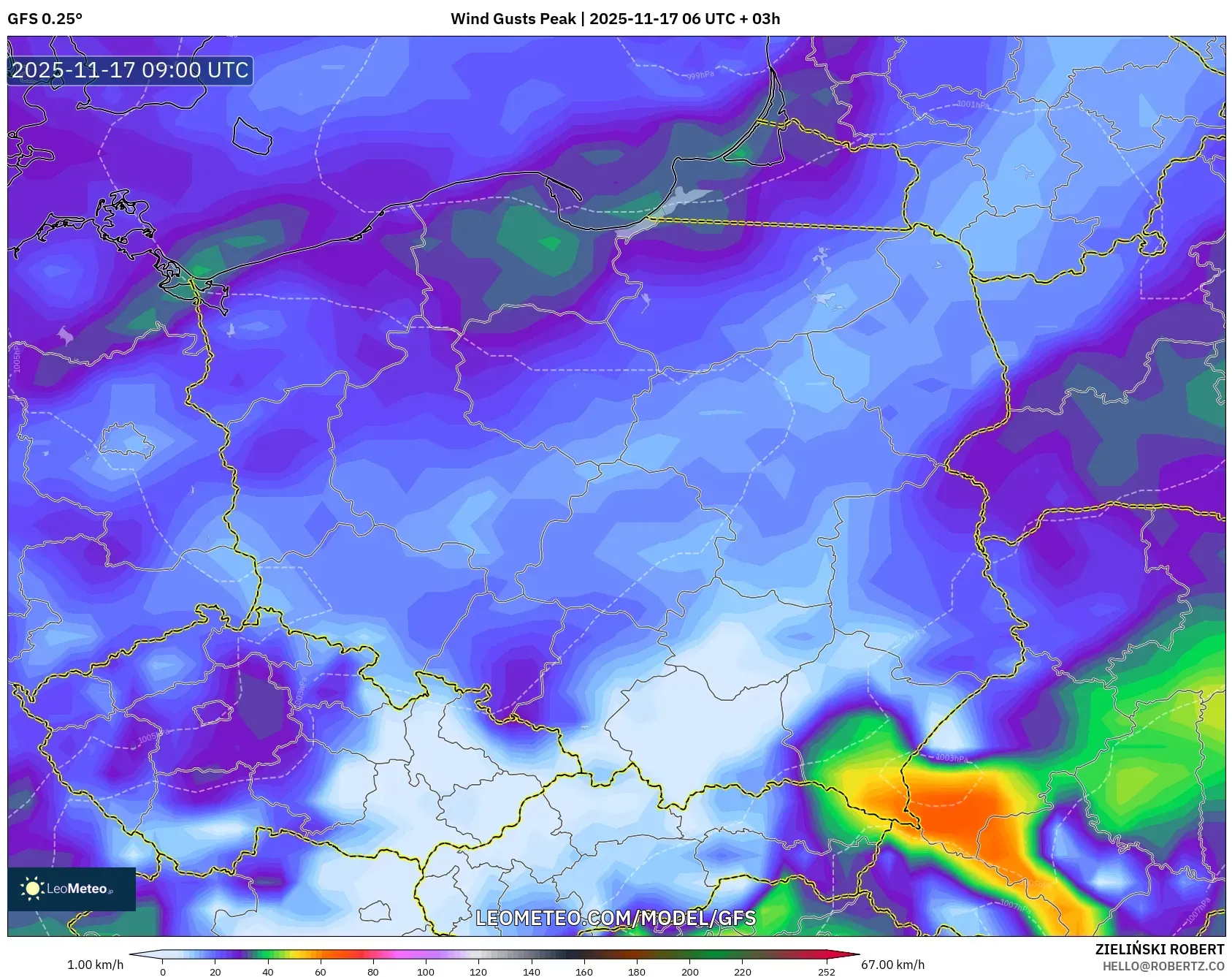 GFS model - Poland, Wind Gusts Peak