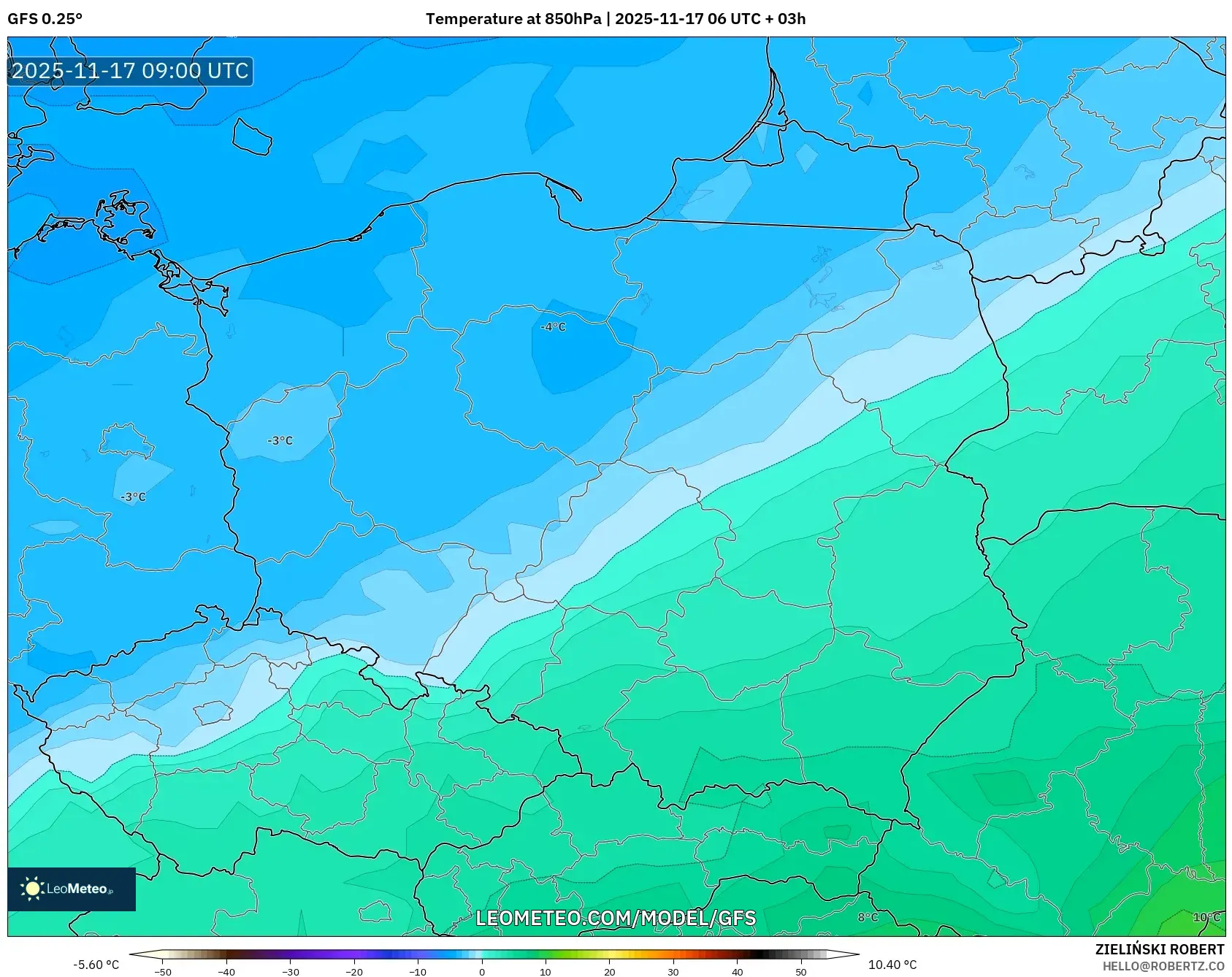 GFS model - Poland, Temperature at 850hPa