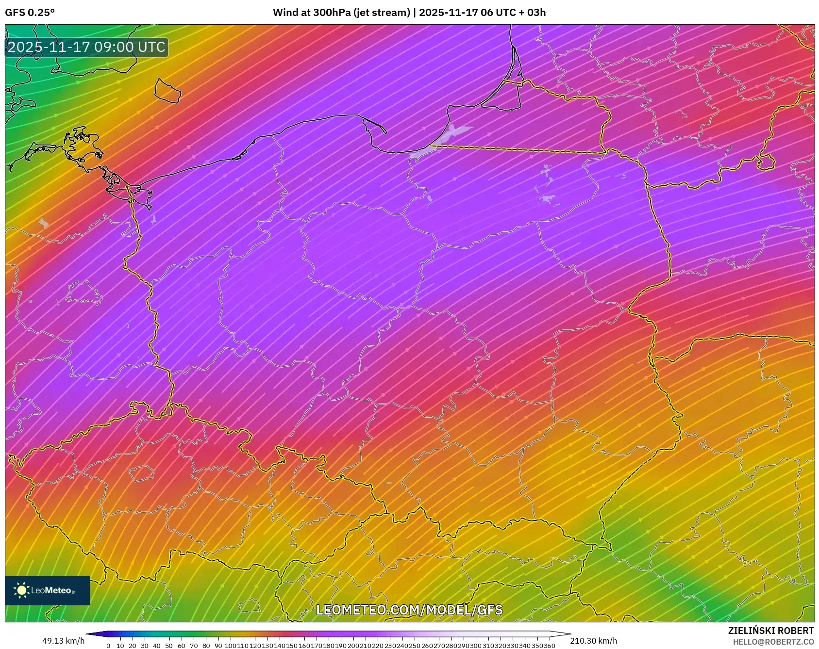 GFS model - Poland, Wind at 300hPa (jet stream)