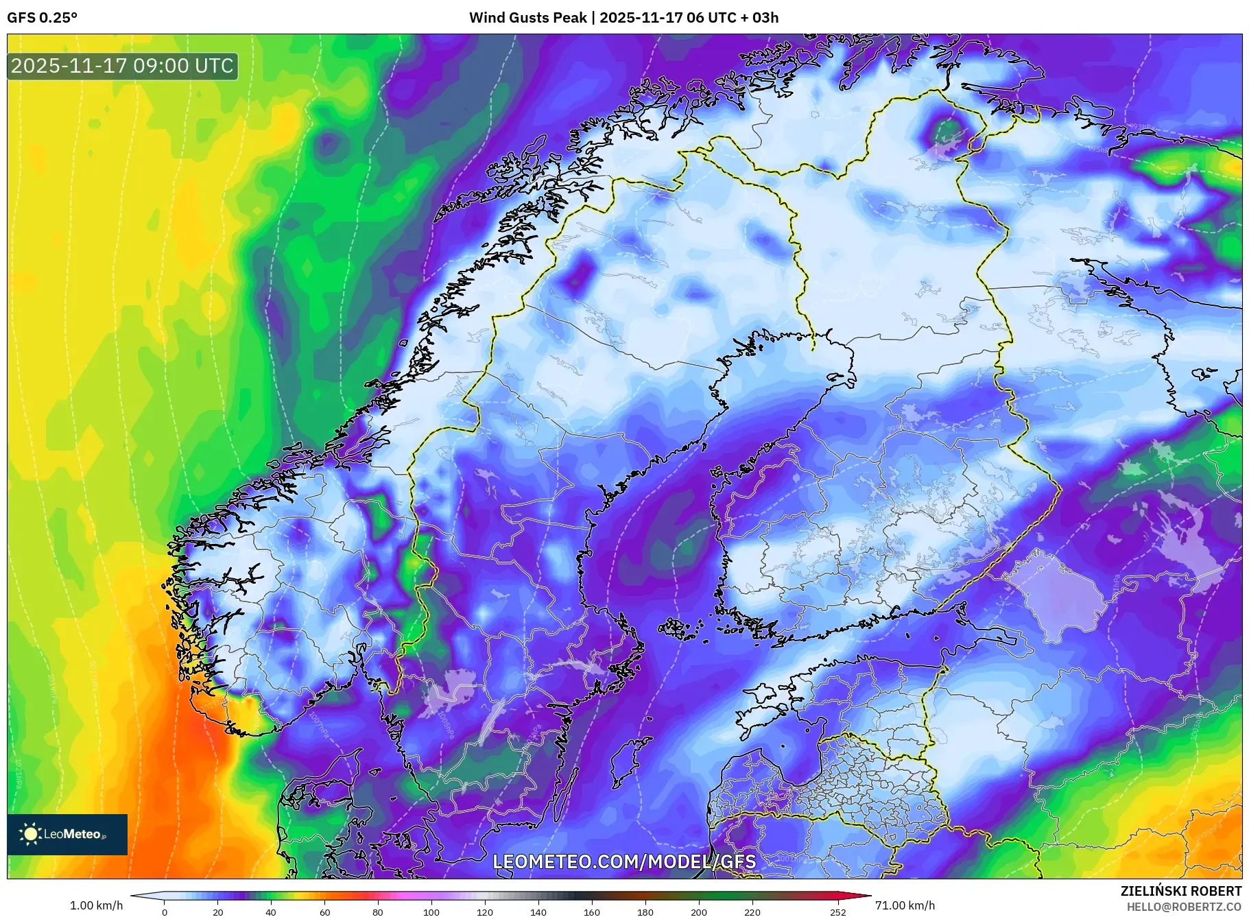 GFS model - Scandinavia, Wind Gusts Peak