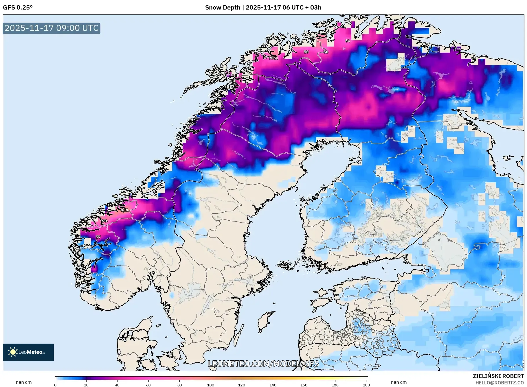 GFS model - Scandinavia, Snow Depth