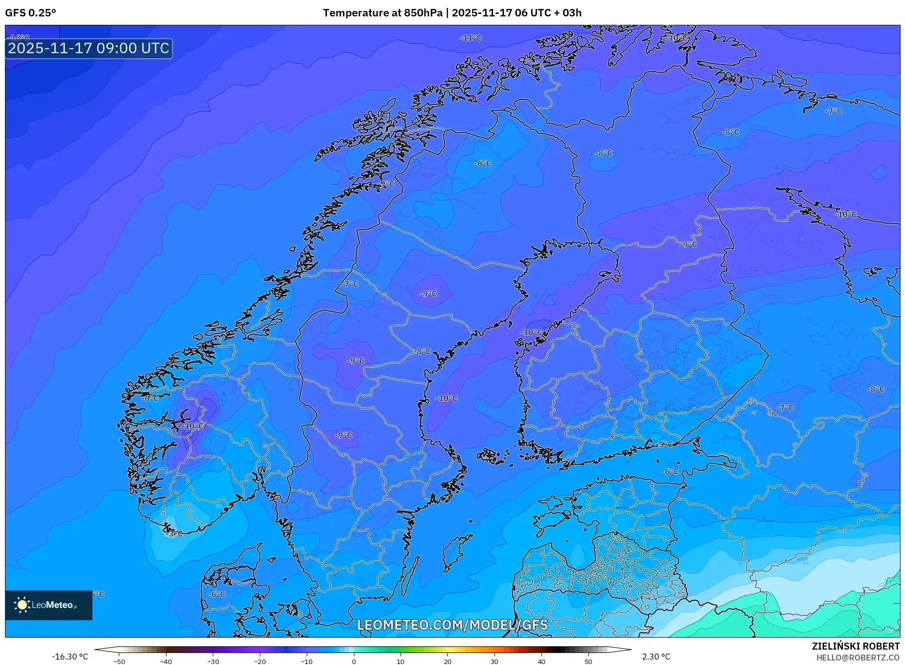 GFS model - Scandinavia, Temperature at 850hPa