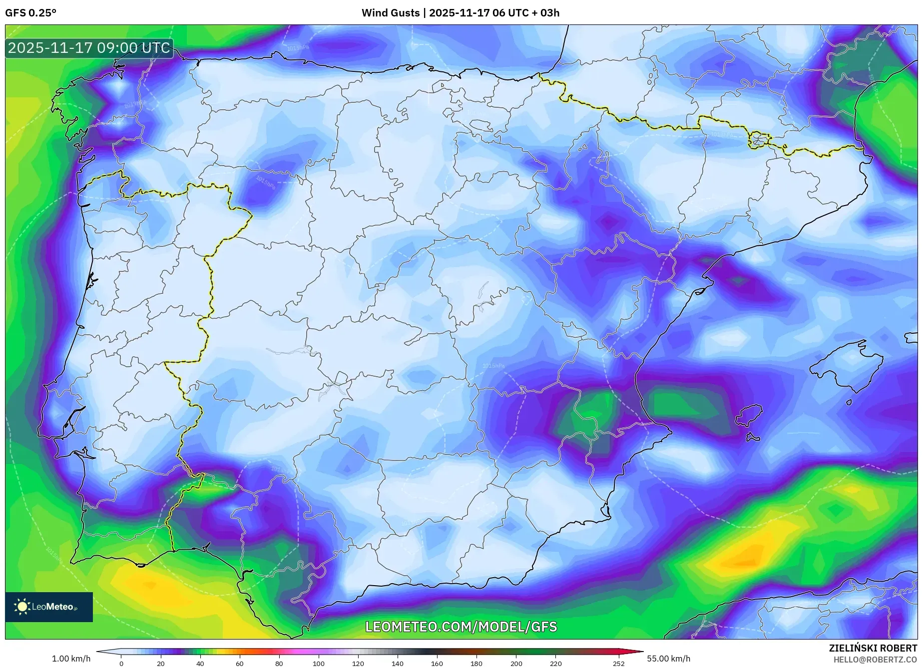 GFS model - Spain, Wind Gusts