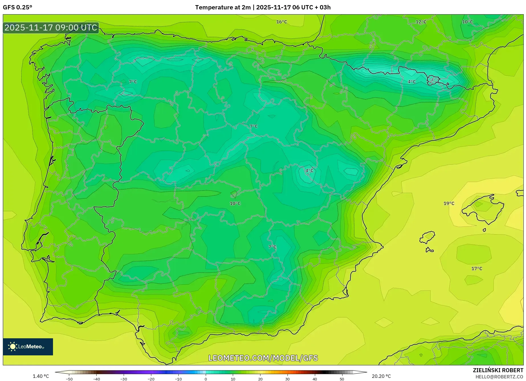 GFS model - Spain, Temperature at 2m