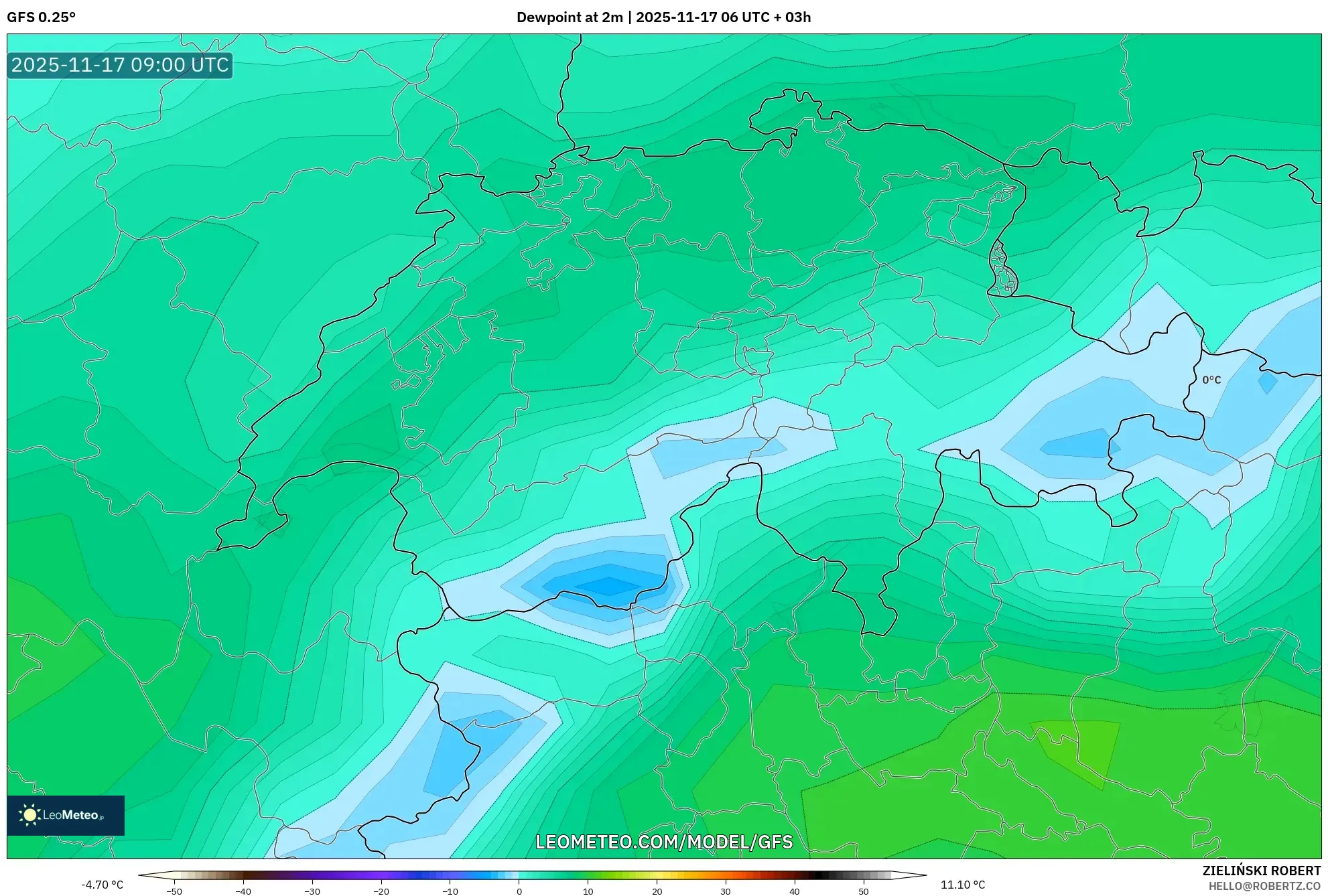 GFS model - Switzerland, Dewpoint at 2m