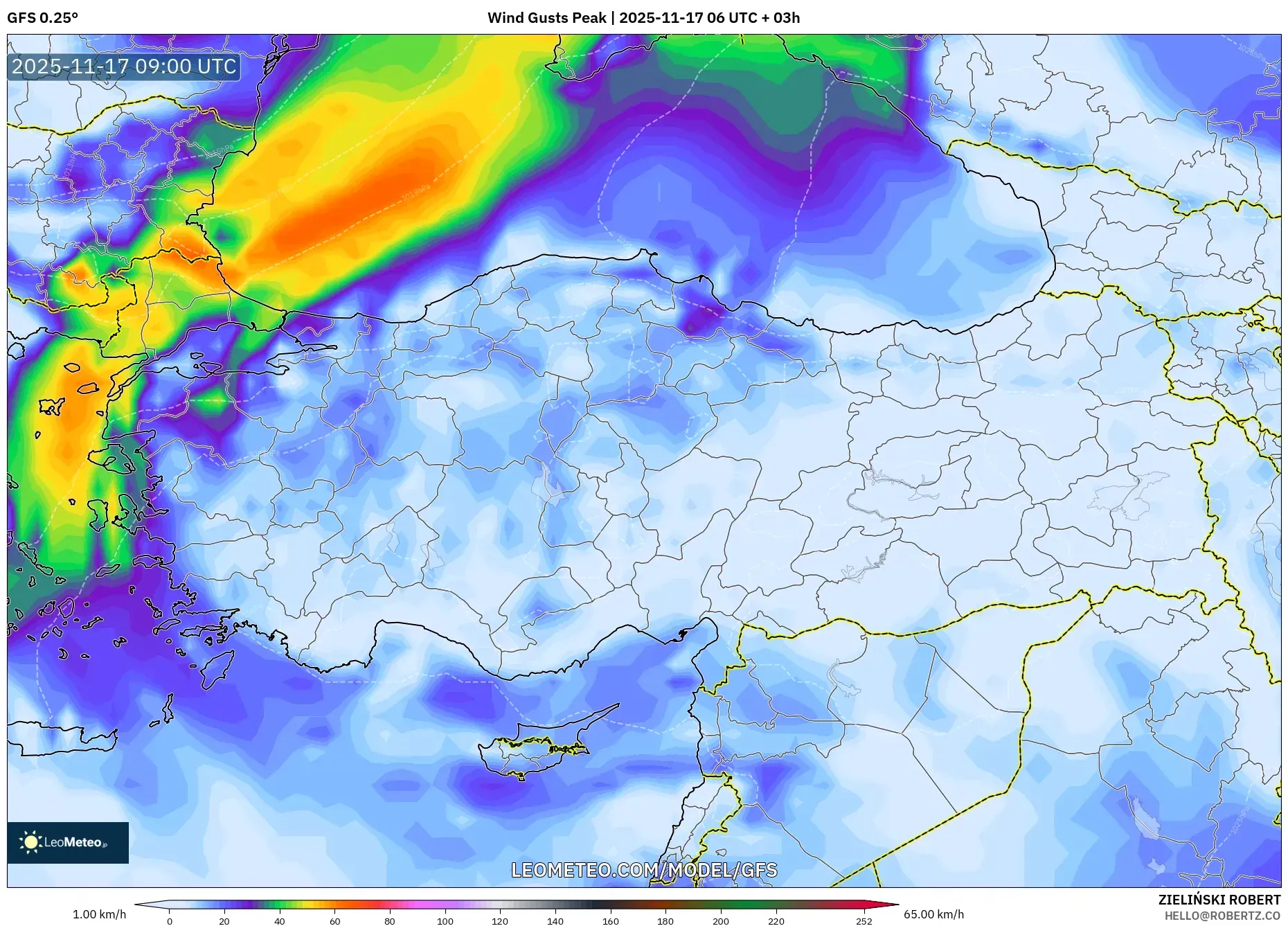 GFS model - Turkey, Wind Gusts Peak