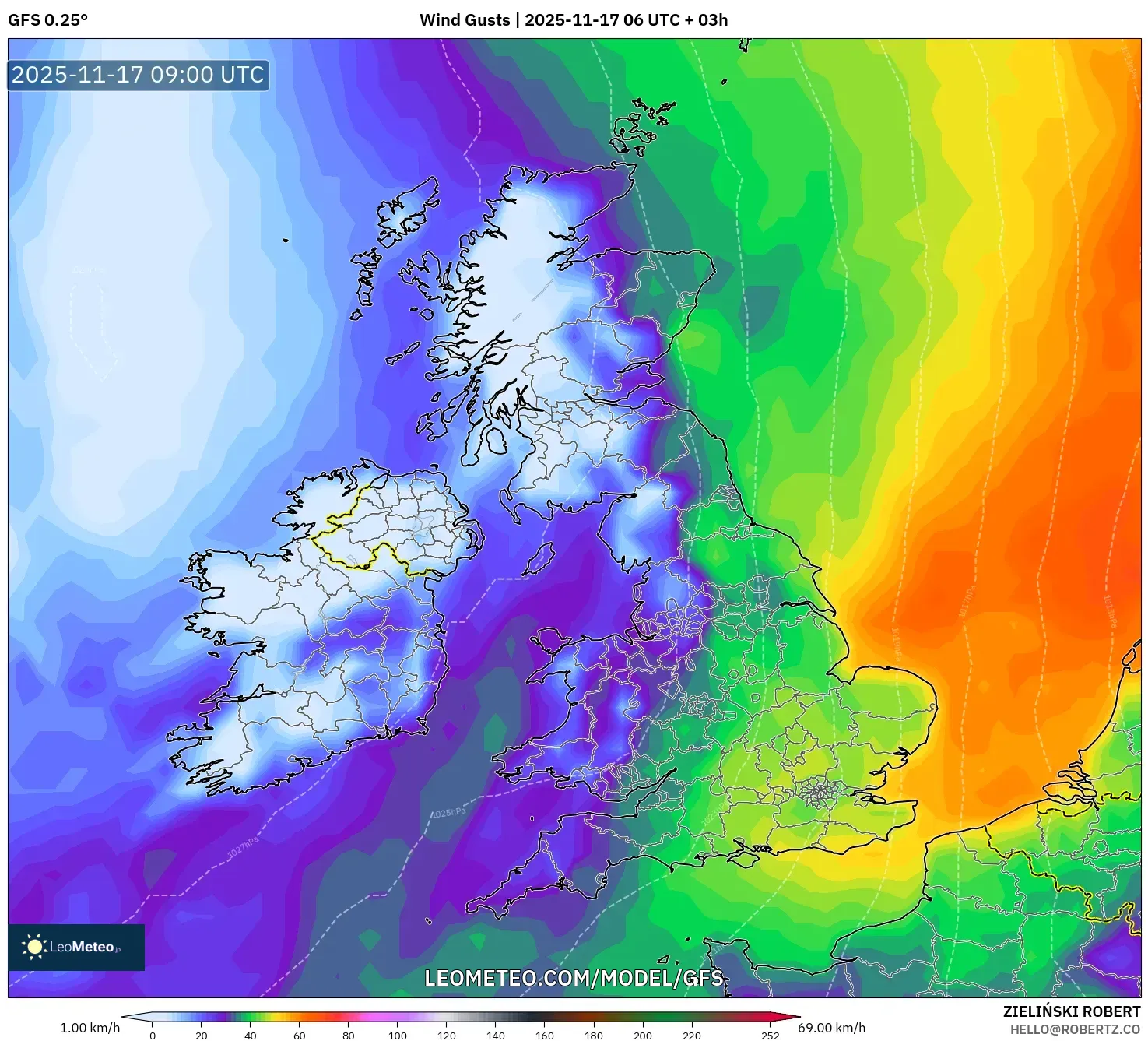 GFS model - United Kingdom, Wind Gusts