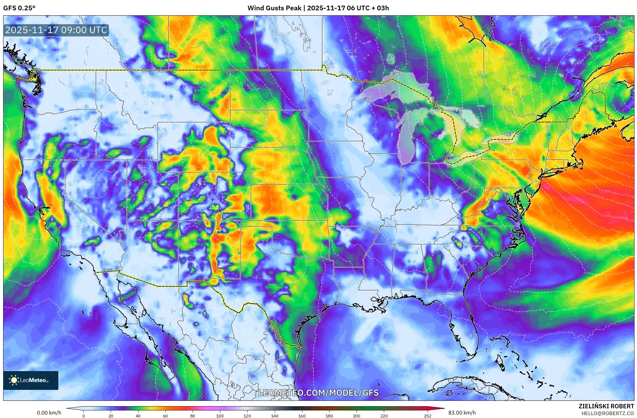 GFS model - United States, Wind Gusts Peak