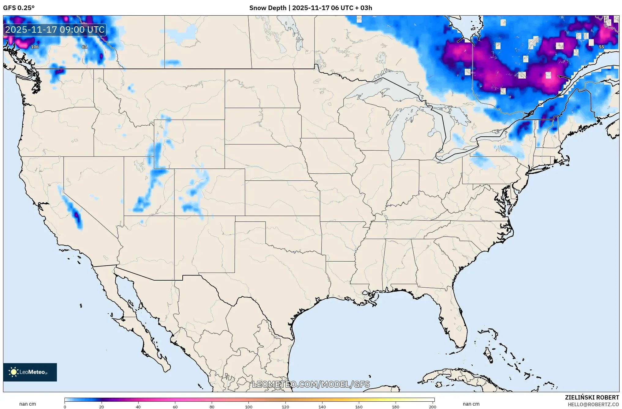 GFS model - United States, Snow Depth