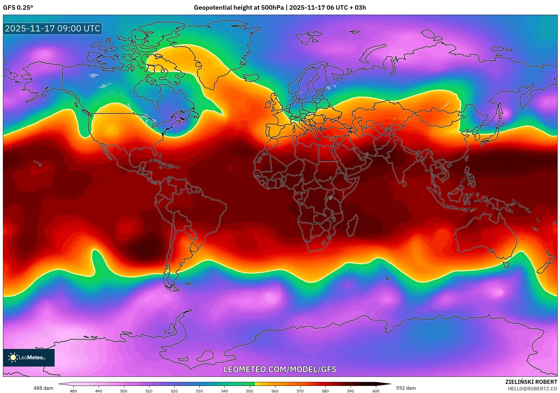 GFS model - World, Geopotential height at 500hPa