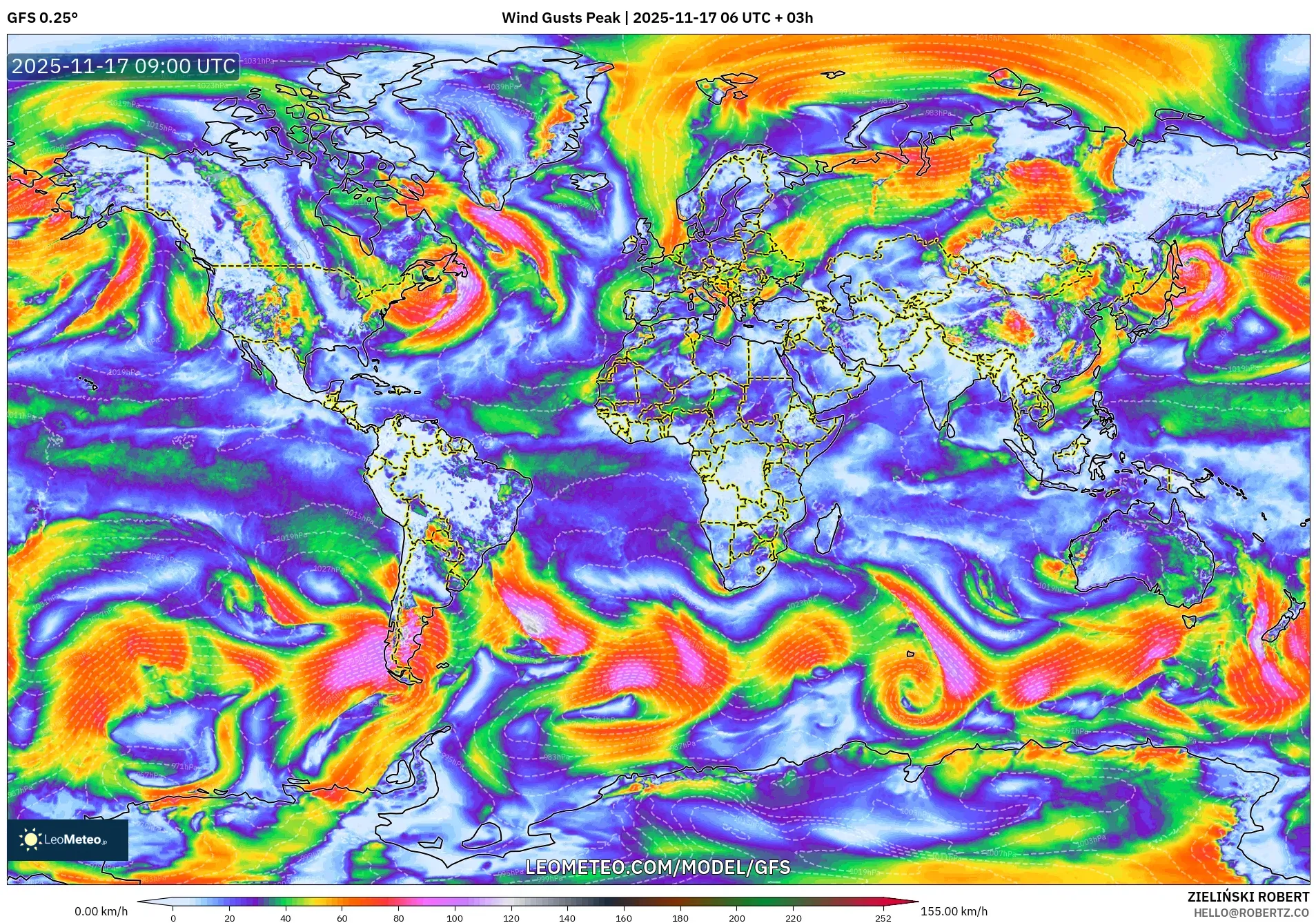 GFS model - World, Wind Gusts Peak