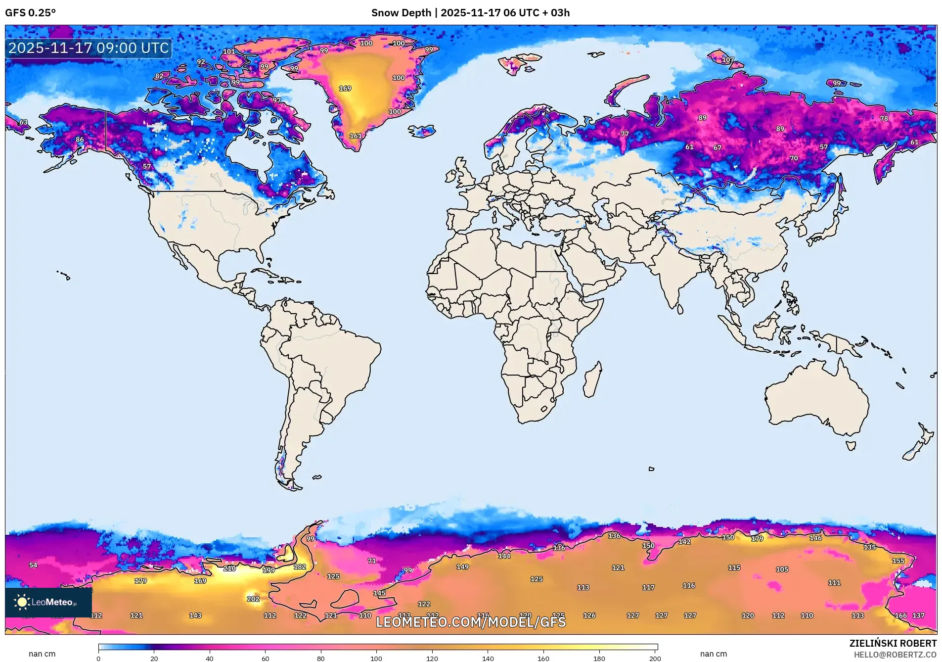 GFS model - World, Snow Depth