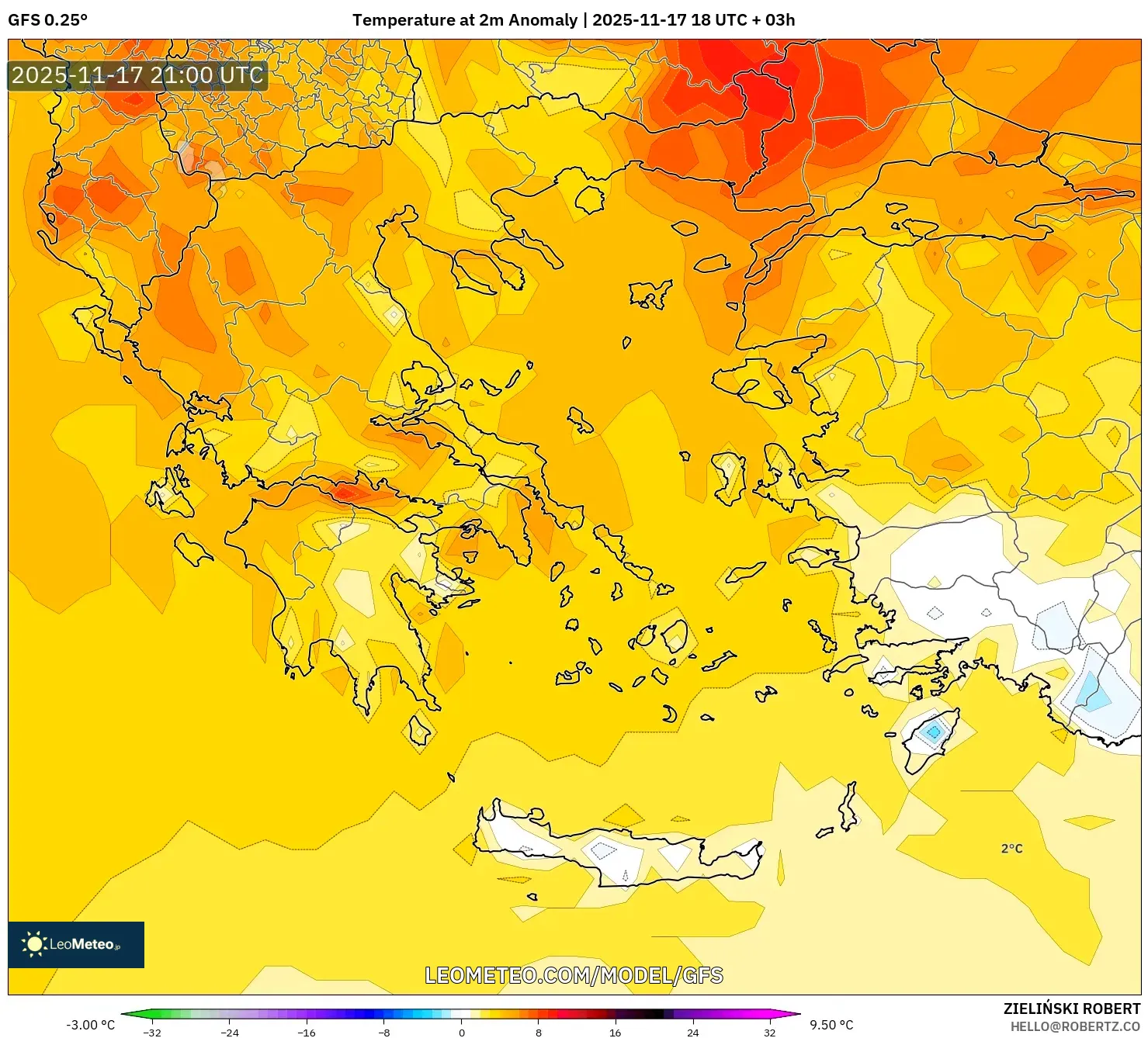 GFS model - Greece, Temperature at 2m Anomaly