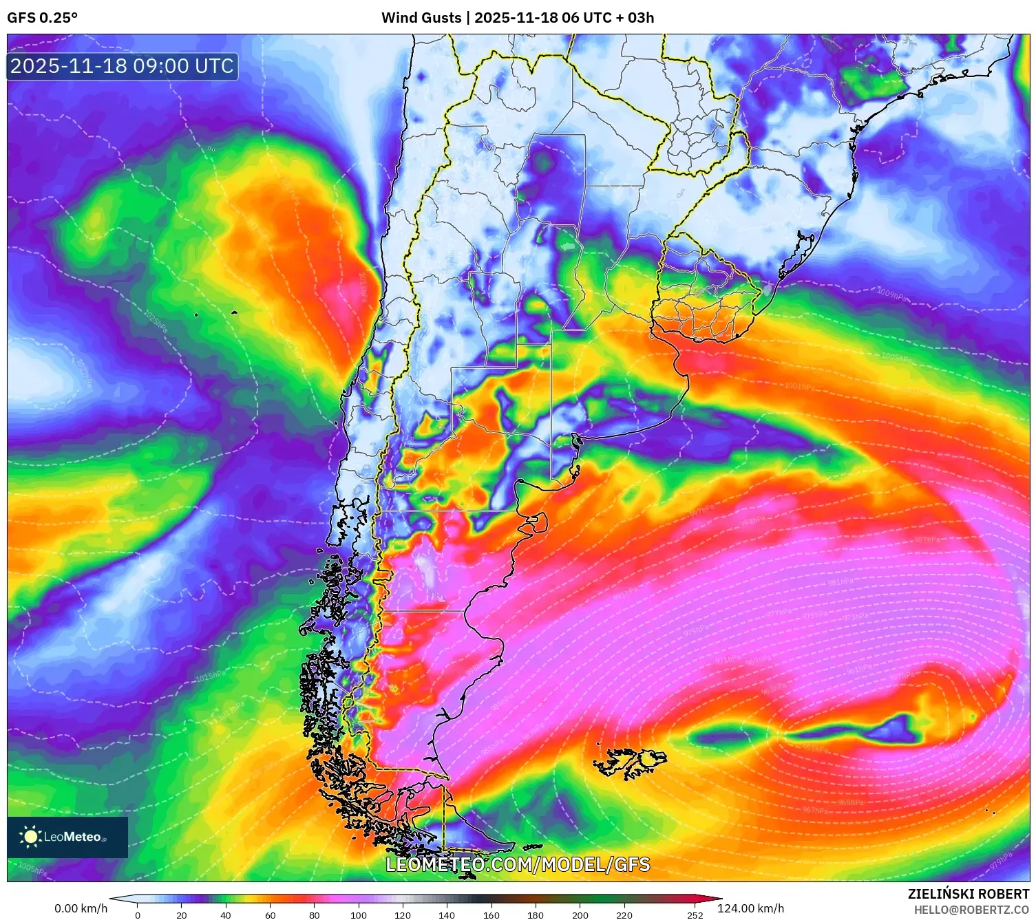 GFS model - Argentina, Wind Gusts
