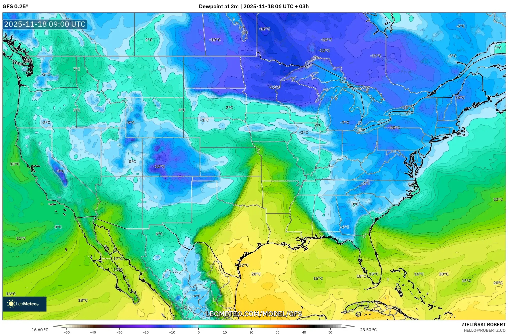 GFS model - United States, Dewpoint at 2m