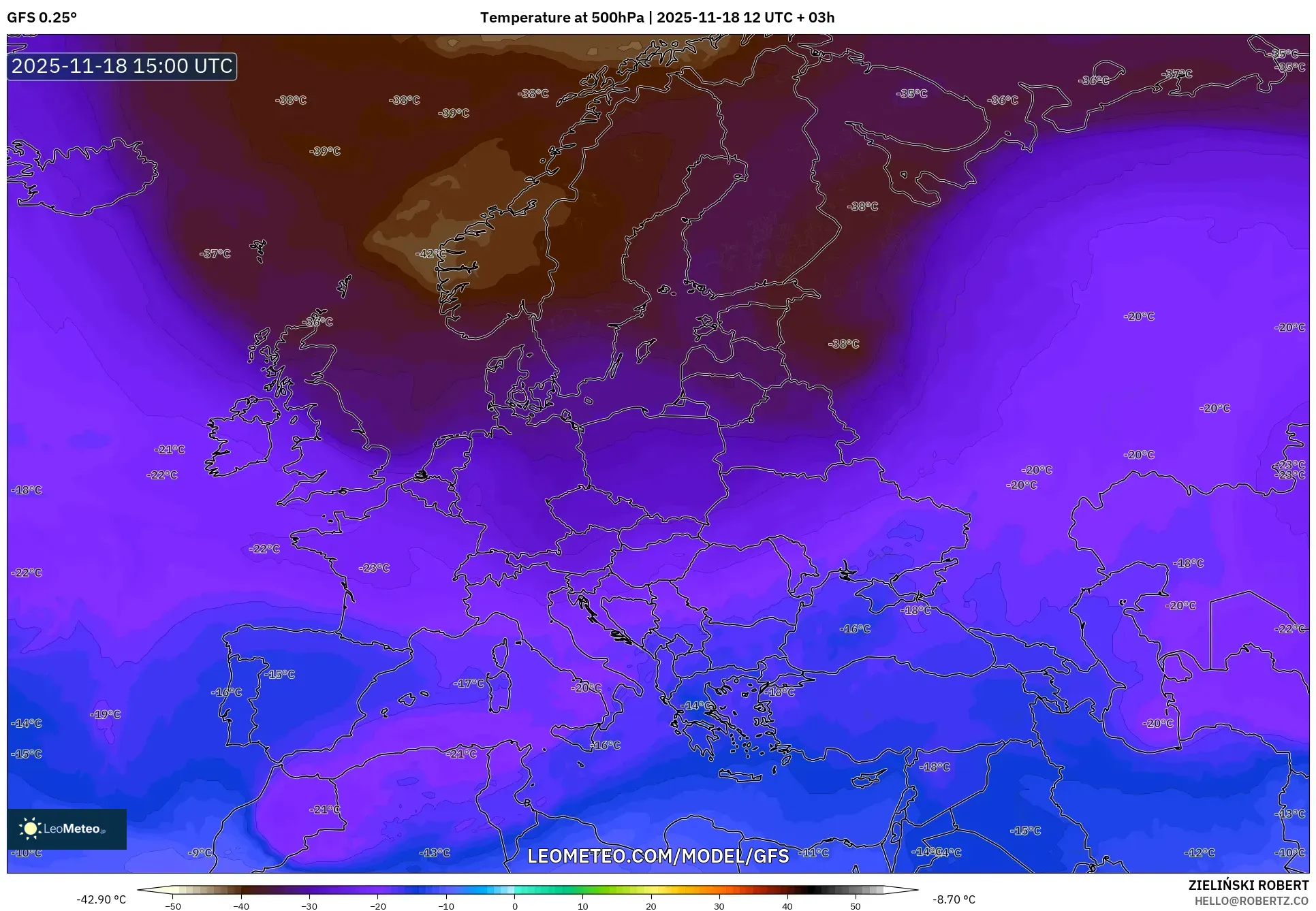 GFS model - Europe, Temperature at 500hPa