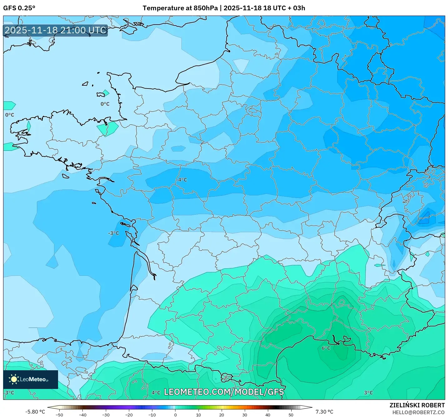 GFS model - France, Temperature at 850hPa