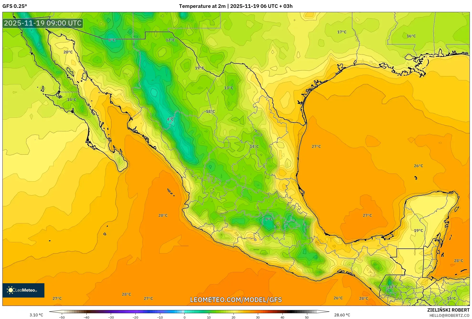 GFS model - Mexico, Temperature at 2m