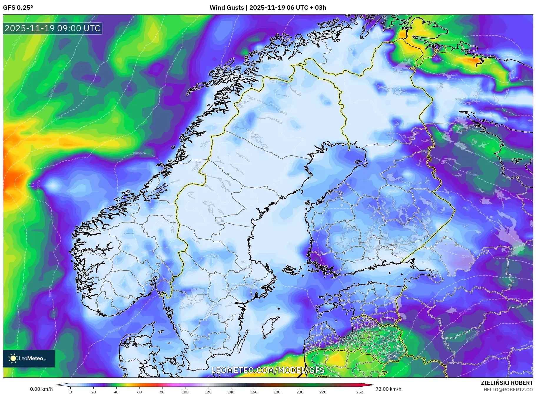 GFS model - Scandinavia, Wind Gusts