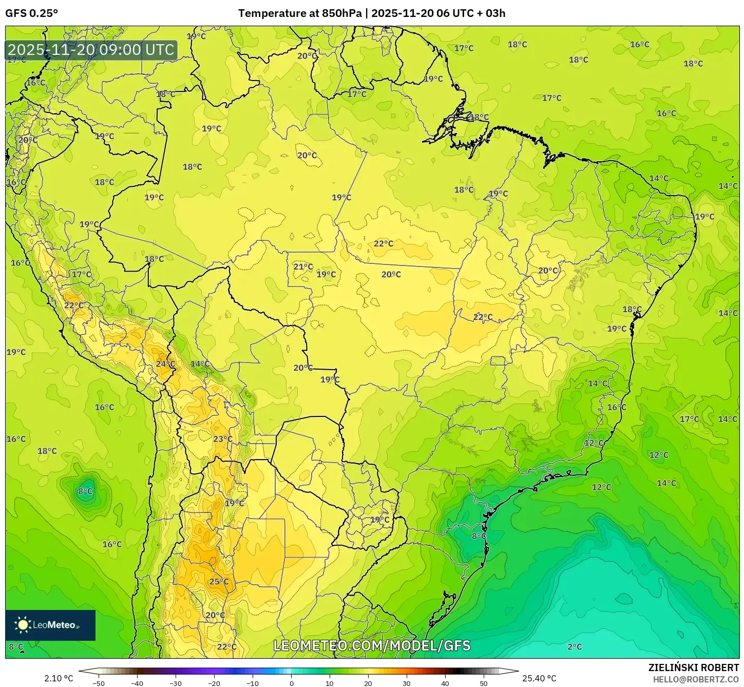 GFS model - Brazil, Temperature at 850hPa