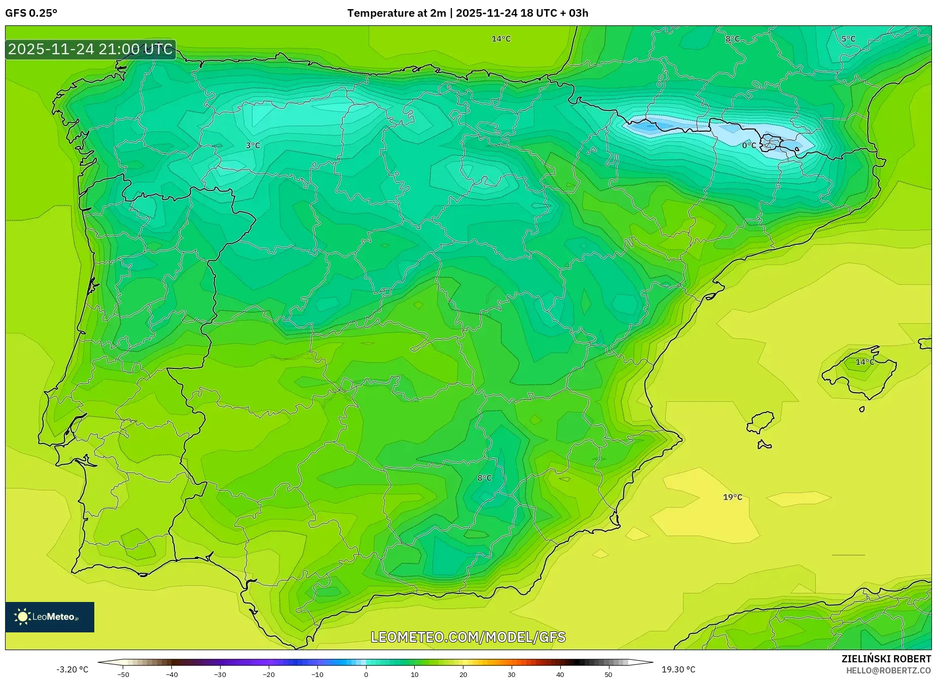 GFS model - Spain, Temperature at 2m