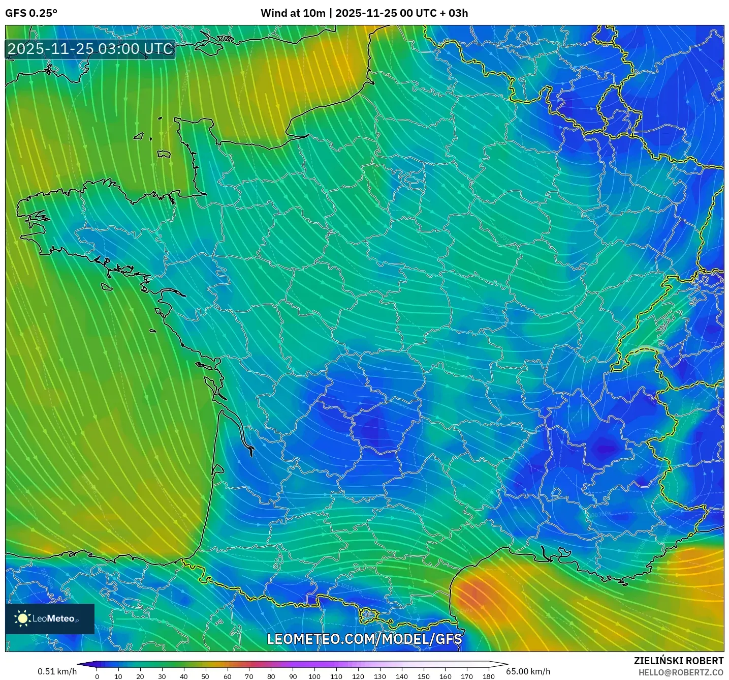 GFS model - France, Wind at 10m