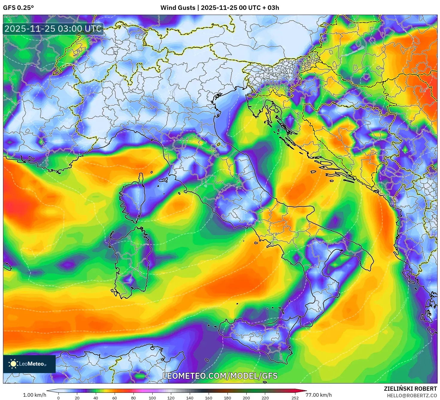 GFS model - Italy, Wind Gusts
