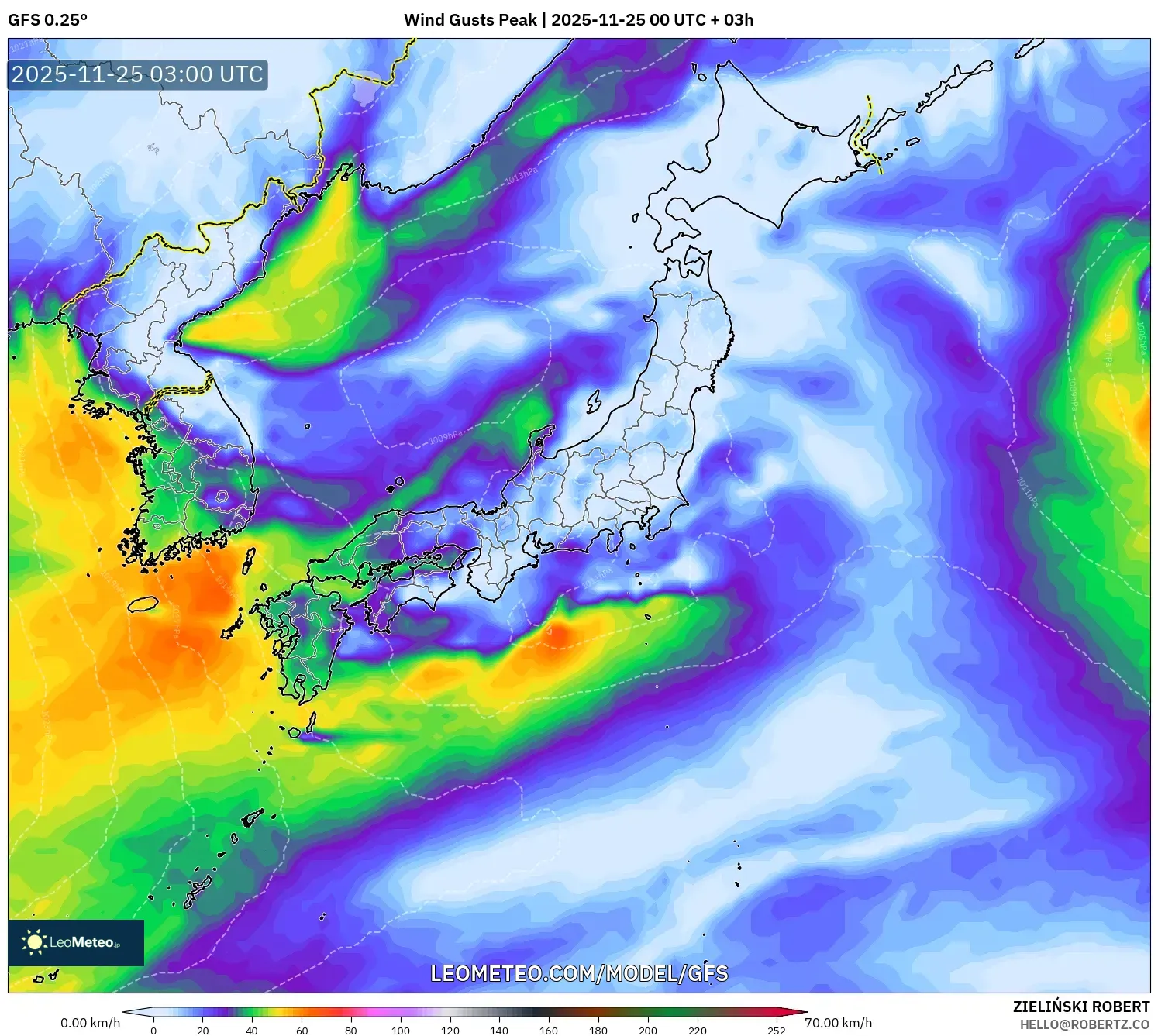 GFS model - Japan, Wind Gusts Peak