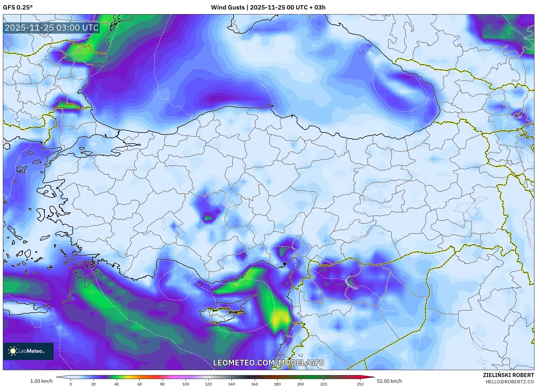 GFS model - Turkey, Wind Gusts