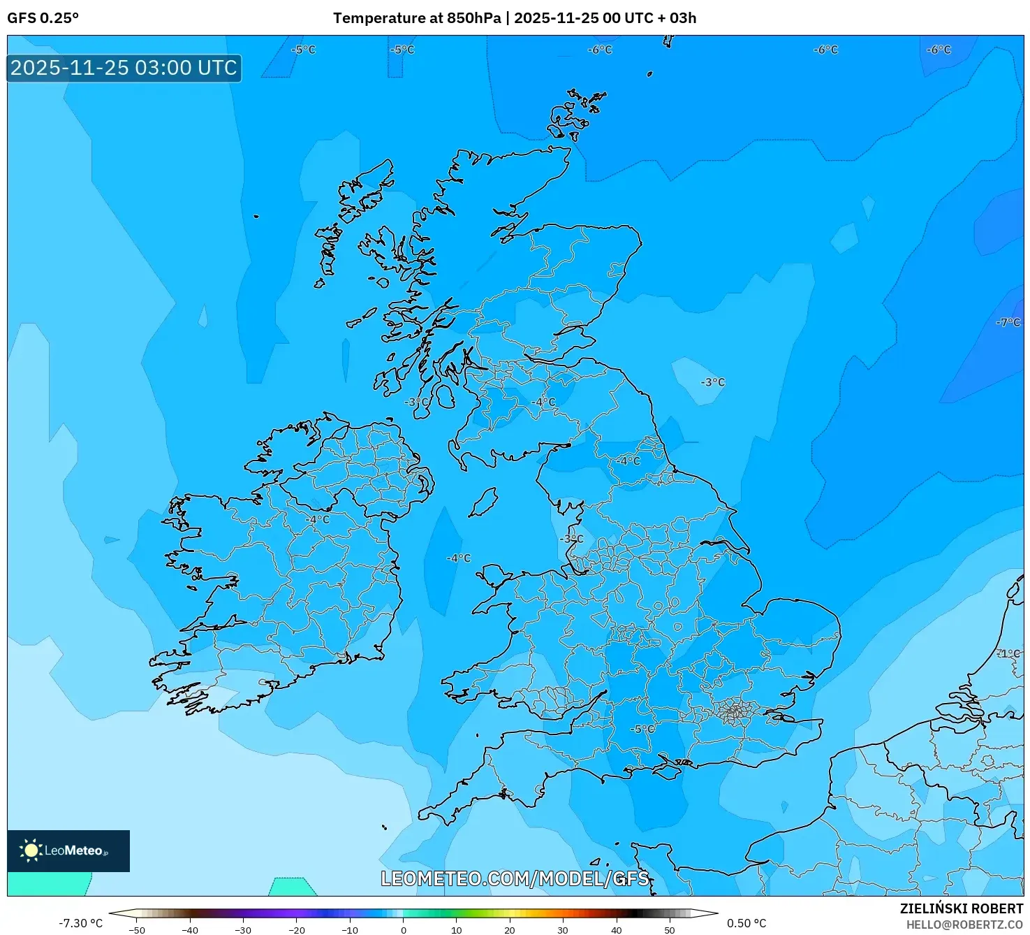 GFS model - United Kingdom, Temperature at 850hPa