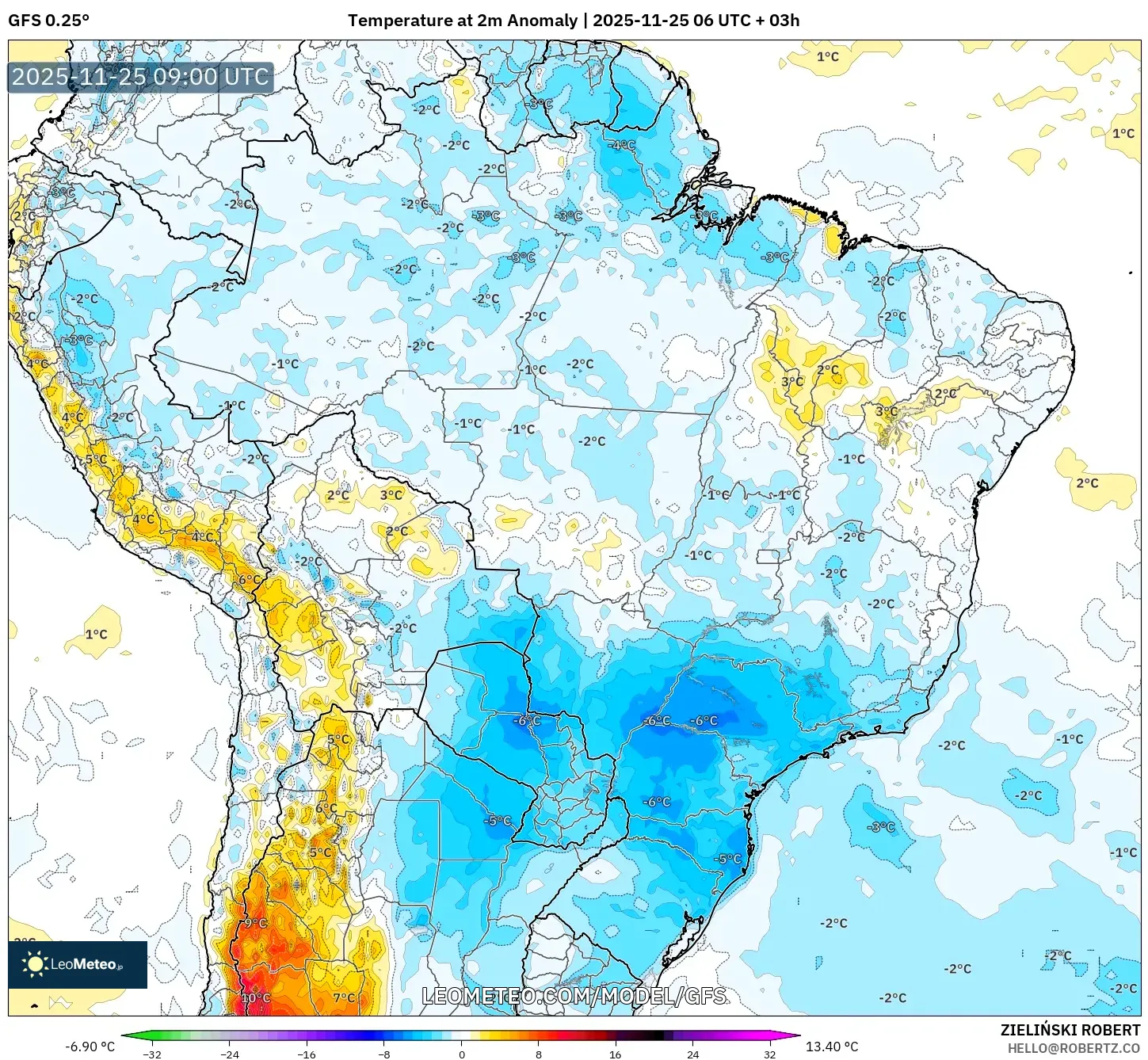 GFS model - Brazil, Temperature at 2m Anomaly