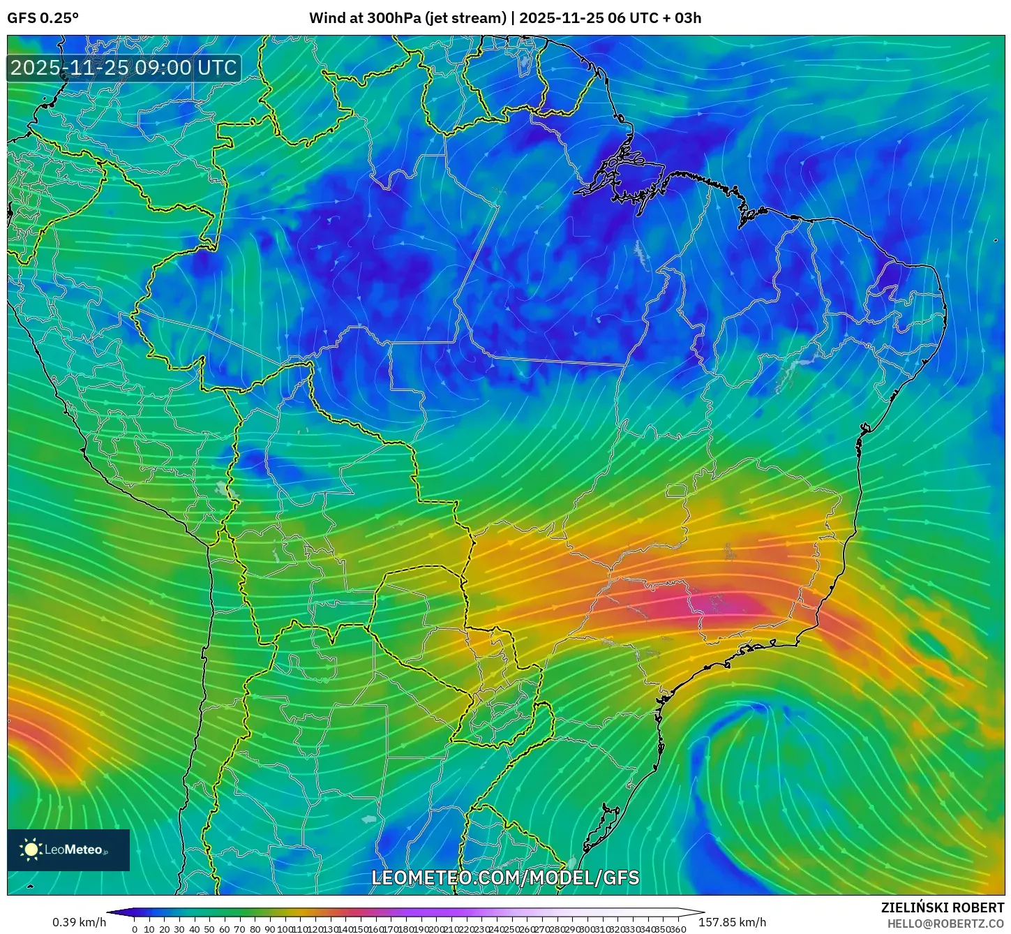 GFS model - Brazil, Wind at 300hPa (jet stream)