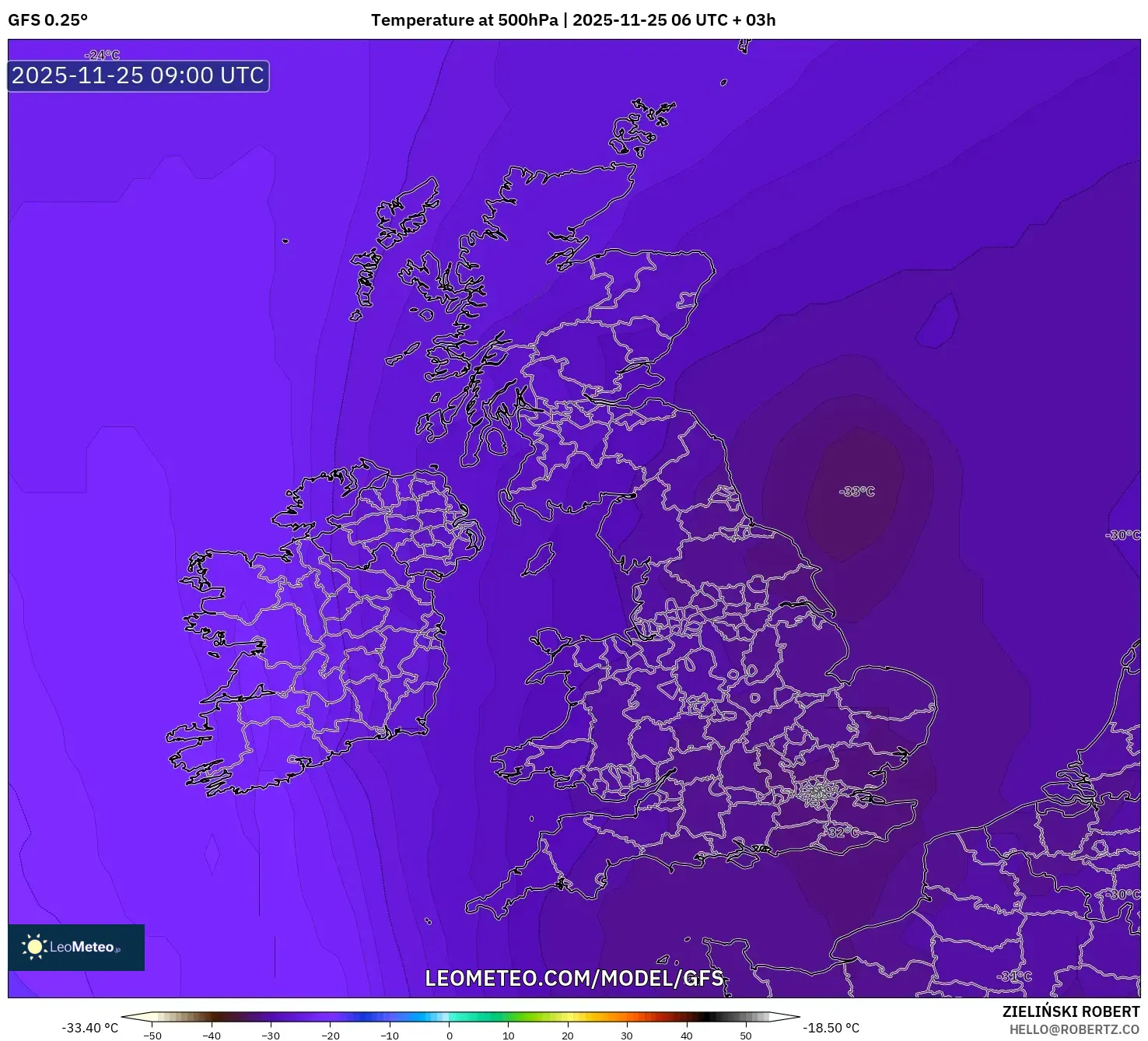 GFS model - United Kingdom, Temperature at 500hPa
