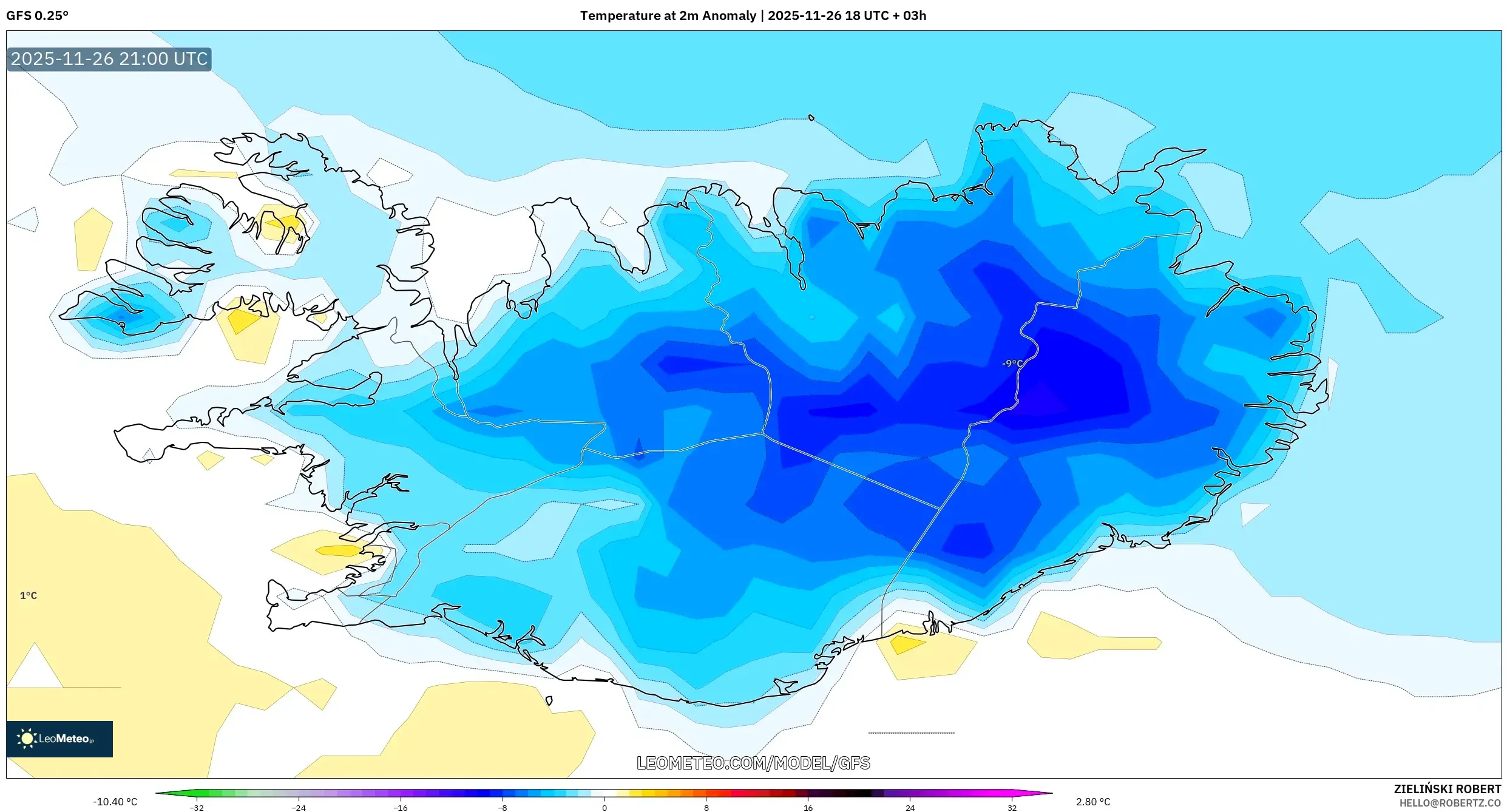 GFS model - Iceland, Temperature at 2m Anomaly