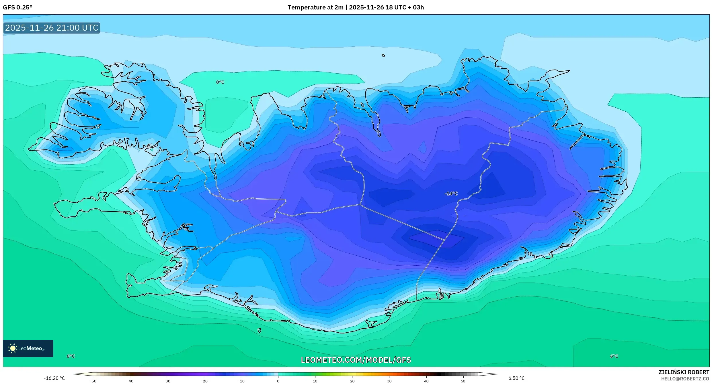 GFS model - Iceland, Temperature at 2m